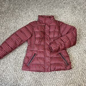Talbots Down Filled Women's Plaid Puffer Jacket S Petite Red Black Zip Pockets